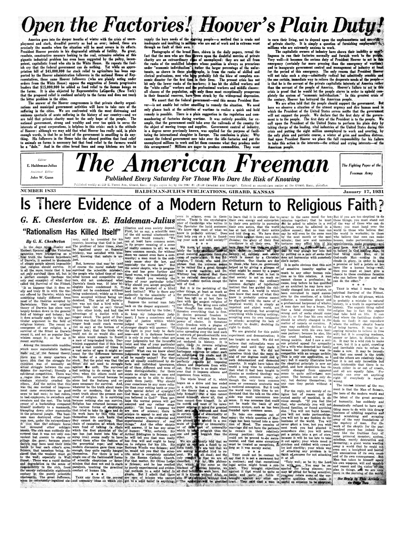 (image for) The American Freeman, Number 1833, Jan. 17, 1931. - Click Image to Close